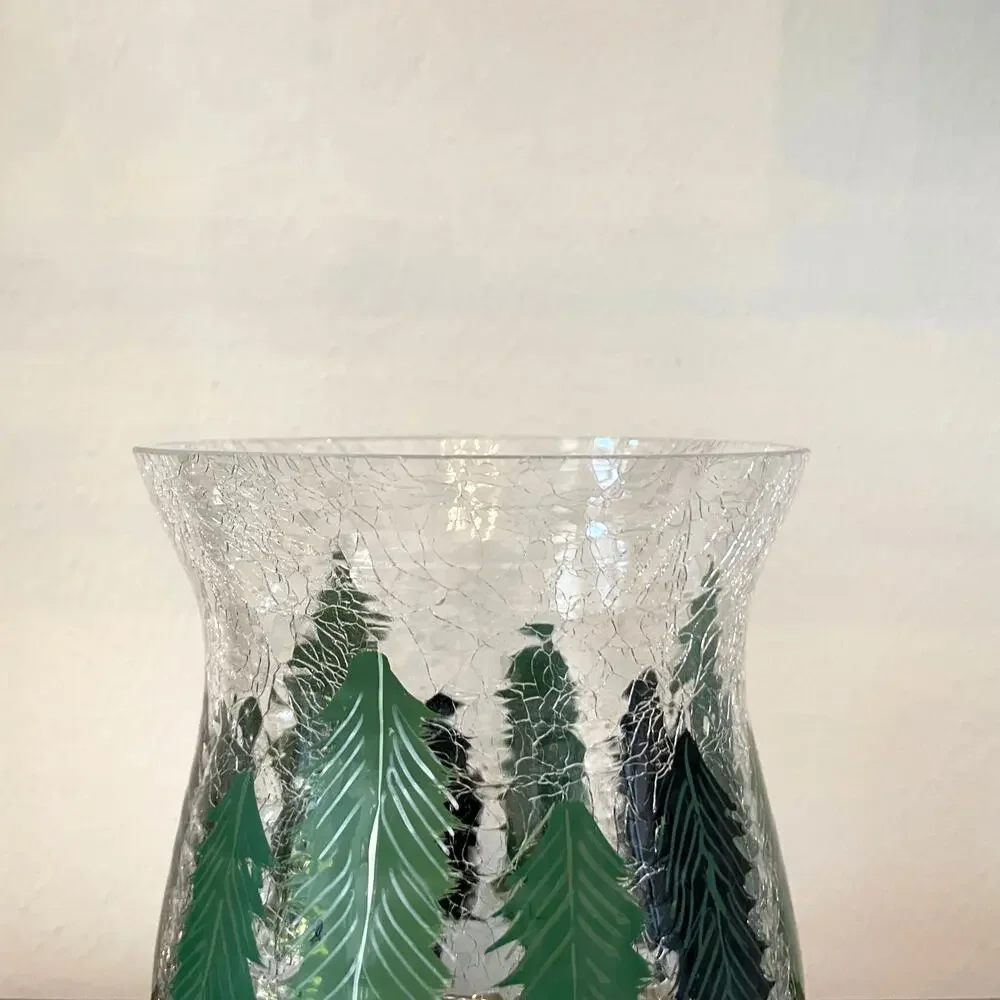 Christmas Pine Tree Crackle Glass Hurricane Candle Holder 8 x 5.5 Holiday New